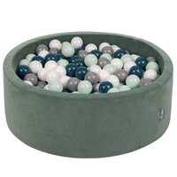 KiddyMoon Rund Bällebad Velvet Bällepool ∅ 7Cm Ballgruben Für Babys Spielbad Kleinkinder, Hergestellt in der EU, waldgrün: dunkeltürkis/grau/weiß/minze, 90 x 30 cm 300 Bälle