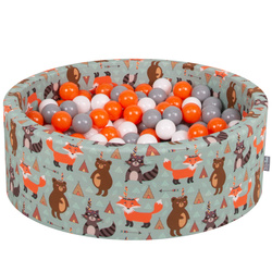 KiddyMoon Rund Bällebad Bällepool ∅ 7Cm Ballgruben Mit Bunten Bällen Für Babys Spielbad Kleinkinder, Hergestellt in der EU, Füchse-grün:orange/grau/weiß, 90x30cm/200 Bälle