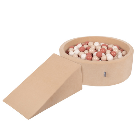 KiddyMoon Spielplatz Velvet Aus Schaumstoff Mit Samt Rund Bällebad Ballgruben Für Babys Spielbad Hindernisläufen, Hergestellt In Der EU, sandbeige:pastellbeige/lachsfarben/weiß, Bällebad (200 Bälle) + Zwickel
