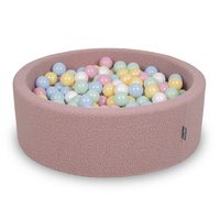 KiddyMoon Bällebad für Baby mit Teddy-Plüsch, Größere 7 cm Bälle für Eine Vollere Füllung, ab 8 Monaten, Abnehmbarer Bezug, Rosa: Pastellblau/Pastellgelb/Weiß/Mint/Puderrosa, 90 x 30 cm 200 Bälle