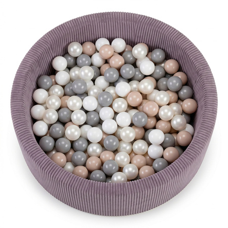 KiddyMoon Bällebad für Kinder aus Schaumstoff, weicher Rippbezug, abnehmbarer Bezug, waschbar, Violett: Pastellbeige/Weiß/Perle/Grau, 90 x 30 cm 200 Bälle