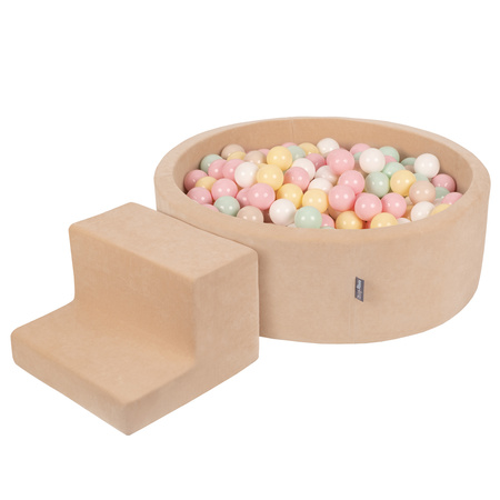 KiddyMoon Spielplatz Velvet Aus Schaumstoff Mit Samt Rund Bällebad Ballgruben Für Babys Spielbad Hindernisläufen, Hergestellt In Der EU, sandbeige:pastellbeige/pastellgelb/weiß/minze/puderrosa, Bällebad (100 Bälle) + Stüfchen