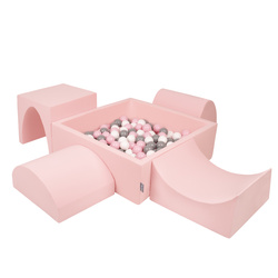 KiddyMoon Spielplatz aus Schaumstoff mit Quadrat Bällebad (300 Bälle) Ballgruben für Babys Spielbad Hindernisläufen, Hergestellt in der EU, pink:weiß/grau/puderrosa, Bällebad (300 Bälle) + Version 1