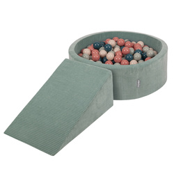 KiddyMoon Spielplatz Aus Schaumstoff Für Kinder mit Bälle Waschbare Bezug, grün: dunkeltürkis/pastellbeige/grüngrau/lachsfarben, Bällebad (100 Bälle) + Zwickel