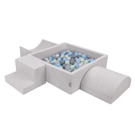 KiddyMoon Spielplatz aus Schaumstoff mit Quadrat Bällebad Bälle Hindernisläufen, hellgrau:perle/grau/transparent/babyblue/minze, Bällebad (300 Bälle) + Version 6