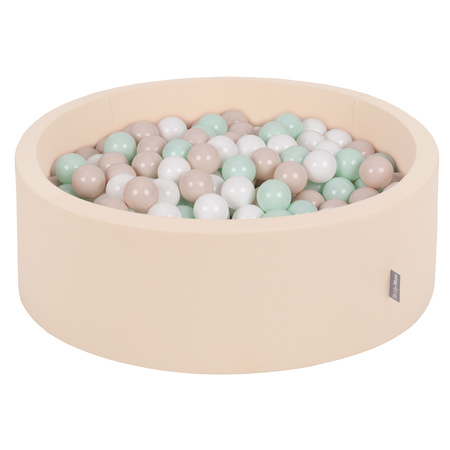 KiddyMoon Rundes Bällebad mit Bällen für Baby aus Schaumstoff, beige:pastellbeige/weiß/minze, 90 x 30 cm 300 Bälle