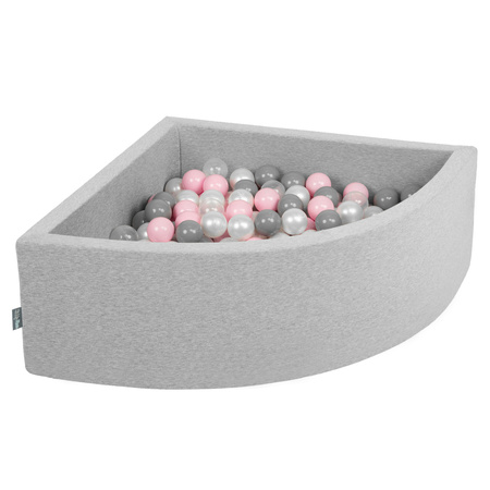 KiddyMoon Viertel Eckig Bällebad Bällepool ∅ 7Cm Ballgruben Für Babys Spielbad Kleinkinder, Hergestellt in der EU, hellgrau:perle/grau/transparent/puderrosa, 90x30cm/300 Bälle