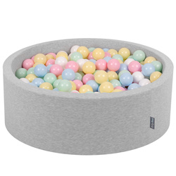 KiddyMoon Bällebad Bällepool mit bunten Bällen ∅ 7Cm für Babys Kinder Rund, hellgrau:pastellblau/pastellgelb/weiß/minze/puderrosa, 90x30cm/200 Bälle
