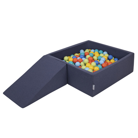 KiddyMoon Spielplatz aus Schaumstoff mit Quadrat Bällebad Bälle Hindernisläufen, dunkelblau:hellgrün/orange/türkis/blau/bblue/gelb, Bällebad (100 Bälle) + Zwickel