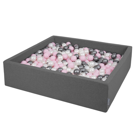 KiddyMoon Quadrat Bällebad Bällepool ∅ 7Cm Eckig Ballgruben Für Babys Spielbad Kleinkinder, Hergestellt in der EU, dunkelgrau:perle-puderrosa-silber, 120x30cm/1000 Bälle