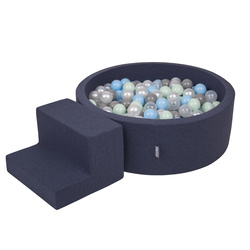 KiddyMoon Spielplatz aus Schaumstoff mit Rund Bällebad (200 Bälle) Ballgruben für Babys Spielbad Hindernisläufen, Hergestellt in der EU, dunkelblau:perle/grau/transparent/babyblue/minze, Bällebad (100 Bälle) + Stüfchen