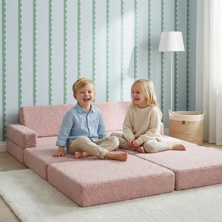 KiddyMoon Kindersofa aus Schaumstoff mit Teddy-Plüsch, modular und klappbar, zum Spielen, Lesen und Entspannen, rosa, Kindersofa