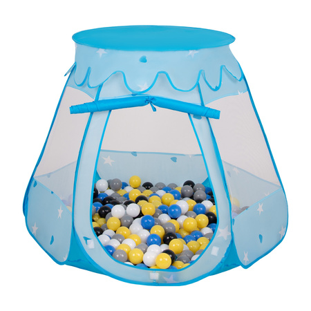 Baby Spielzelt Mit Plastikbällen Für Kinder Leicht und Kompakt ideal für Drinnen Und Draußen Fördert Sensorische Integration Schneller Aufbau, blau:schwarz-weiß-grau-blau-gelb, 300 Bällen