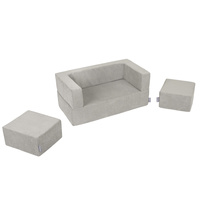 KiddyMoon Kindersofa mit Zwei Weichen Puffen Für Kinder Bequemes und Leichtes Schaumstoff-Sofa Gerippter Stoff Abnehmbarer Bezug Perfekt für Entspannung und Kreativität, hellgrau, Sofa/Puff