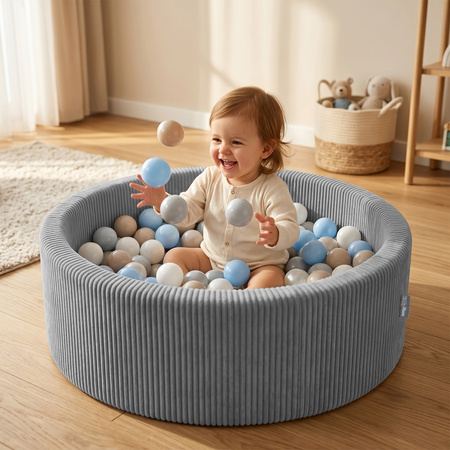 KiddyMoon Bällebad Kinder Schaumstoff rund 90 x 30 cm, Bällepool Baby ab 8 Monaten, strukturierter Rippbezug, stabile 5 cm Wände, Dunkelgrau: Pastellbeige/Pastellblau/Pastellgelb/Minze, 90 x 30 cm 200 Bälle