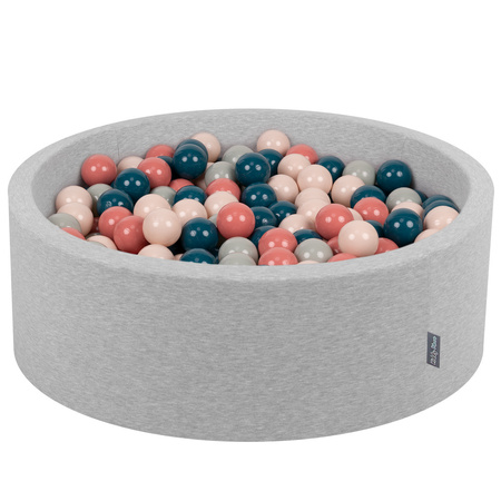 KiddyMoon Bällebad Bällepool mit bunten Bällen ∅ 7Cm für Babys Kinder Rund, hellgrau:dunkeltürkis/pastellbeige/grüngrau/lachsfarben, 90 x 30 cm 300 Bälle