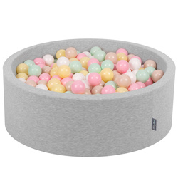 KiddyMoon Bällebad Bällepool mit bunten Bällen ∅ 7Cm für Babys Kinder Rund, hellgrau:pastellbeige/pastellgelb/weiß/minze/puderrosa, 90x30cm/200 Bälle