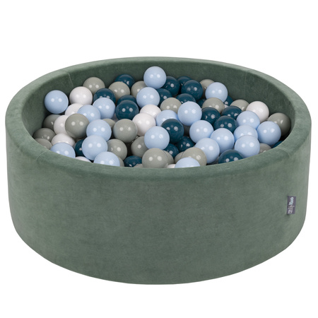 KiddyMoon Rund Bällebad Velvet Bällepool ∅ 7Cm Ballgruben Für Babys Spielbad Kleinkinder, Hergestellt in der EU, waldgrün: dunkeltürkis/grüngrau/pastellblau/weiß, 90 x 30 cm 200 Bälle