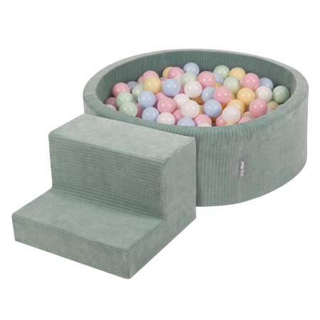 KiddyMoon Spielplatz Aus Schaumstoff Für Kinder mit Bälle Waschbare Bezug, grün: pastellblau/pastellgelb/weiß/minze/puderrosa, Bällebad (200 Bälle) + Stüfchen
