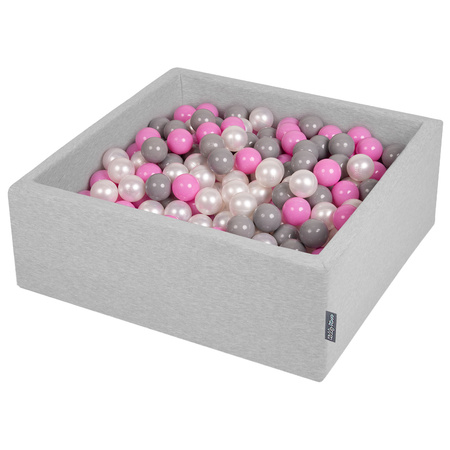 KiddyMoon Bällebad Bällepool mit bunten Bällen ∅ 7Cm für Babys Kinder Quadrat, hellgrau:perle/grau/pink