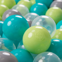 KiddyMoon Kinder Bälle für Bällebad Baby Spielbälle Plastikbälle ∅7cm Made in EU, türkis/hellgrün/grau/transparent, 100 Bälle/7cm