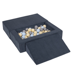 KiddyMoon Kindersofa Modular mit Weichem Zwickel und Bällen Für Kinderzimmer Bequem Vielseitig Gerippter Stoff Abnehmbarer Bezug Perfekt zum Spielen und Entspannen, dunkelblau: pastellblau/pastellgelb/grau, Sofa/Zwickel + 100 Bälle