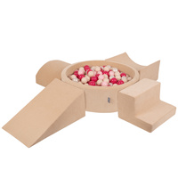 KiddyMoon Spielplatz Velvet Aus Schaumstoff Mit Samt Rund Bällebad Ballgruben Für Babys Spielbad Hindernisläufen, Hergestellt In Der EU, sandbeige:pastellbeige/puderrosa/perle/dunkelpink, Bällebad (200 Bälle) + Version 5