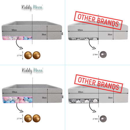 KiddyMoon Quadrat Bällebad Bällepool ∅ 7Cm Eckig Ballgruben Für Babys Spielbad Kleinkinder, Hergestellt in der EU, dunkelgrau:perle-puderrosa-silber, 120x30cm/300 Bälle