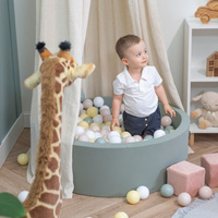 KiddyMoon Rundes Bällebad mit Bällen für Baby aus Schaumstoff, salbeifarben:pastellbeige/grüngrau/pastellgelb/weiß, 90x30cm/200 Bälle