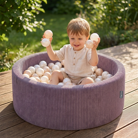 KiddyMoon Bällebad für Kinder aus Schaumstoff, weicher Rippbezug, abnehmbarer Bezug, waschbar, Violett: Pasteblau/Pastegelb/Weiß/Minze/Puderrosa, 90 x 30 cm 200 Bälle