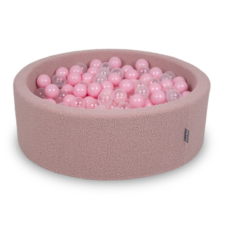 KiddyMoon Bällebad für Baby mit Teddy-Plüsch, Größere 7 cm Bälle für Eine Vollere Füllung, ab 8 Monaten, Abnehmbarer Bezug, Rosa: Puderrosa/Transparent, 90 x 30 cm 200 Bälle