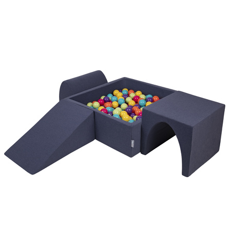 KiddyMoon Spielplatz aus Schaumstoff mit Quadrat Bällebad Bälle Hindernisläufen, marineblau: hellgrün-gelb-türkis-orange-dunkelrosa-violett, Bällebad (200 Bälle) + Version 2