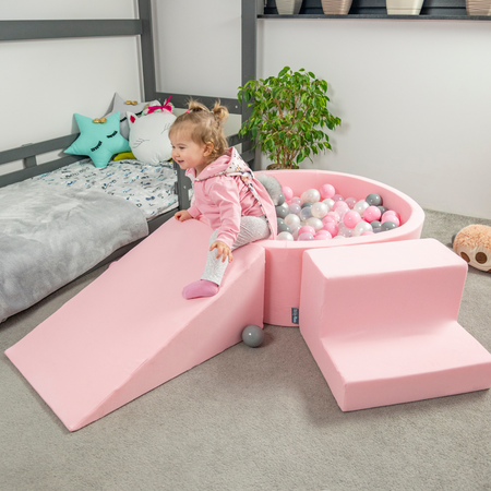 KiddyMoon Bällebad Bällepool mit bunten Bällen ∅ 7Cm für Babys Kinder Rund, pink:weiß/grau/rosa, 90 x 30 cm 300 Bälle