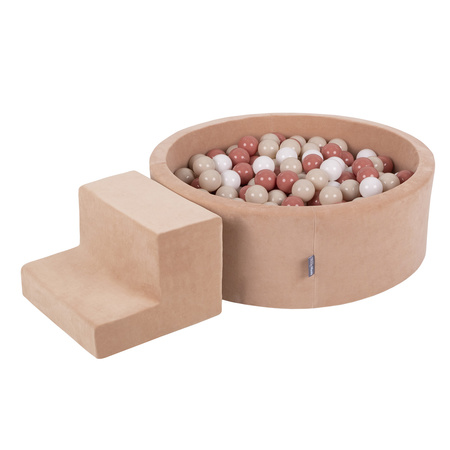 KiddyMoon Spielplatz Velvet Aus Schaumstoff Mit Samt Rund Bällebad Ballgruben Für Babys Spielbad Hindernisläufen, Hergestellt In Der EU, wüstenrosa: pastellbeige/lachsfarben/weiß, Bällebad (100 Bälle) + Stüfchen