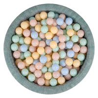 KiddyMoon Bällebad für Kinder aus Schaumstoff, weicher Rippbezug, abnehmbarer Bezug, waschbar, Grün: Pastellbeige/Pastellblau/Pastellgelb/Minze, 90 x 30 cm 200 Bälle