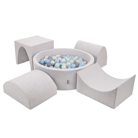 KiddyMoon Spielplatz aus Schaumstoff mit Rund Bällebad (300 Bälle) Ballgruben für Babys Spielbad Hindernisläufen, Hergestellt in der EU, hellgrau:perle/grau/transparent/babyblue/minze, Bällebad (300 Bälle) + Version 1