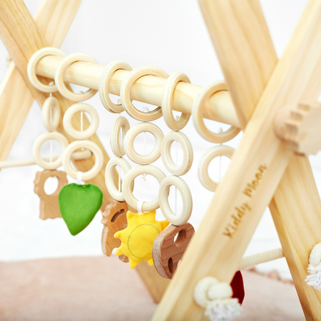 KiddyMoon Hölzerne Spielzeug für Kleinkinder mit hängenden Elementen Spiel Montessori Spielzeug für Kleinkind Übung Baby Gym, Natürlich mit Waldgrün Spielmatte, UNI