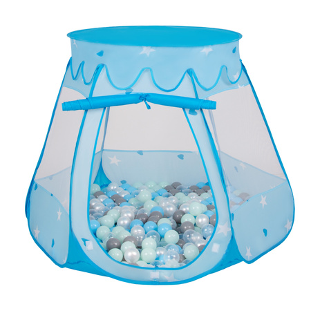 Baby Spielzelt Mit Plastikbällen Für Kinder Leicht und Kompakt ideal für Drinnen Und Draußen Fördert Sensorische Integration Schneller Aufbau, blau:perle-grau-transparent-babyblau-mint, 100 Bällen