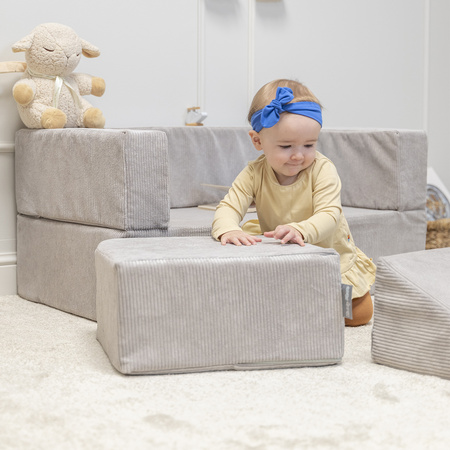 KiddyMoon Set aus Zwei Weichen Kinderpuffen Für Kinder Leichte und Vielseitige Sitzkissen Gerippter Stoff Abnehmbarer Bezug Perfekt für Spielen und Entspannen, hellgrau, Puff