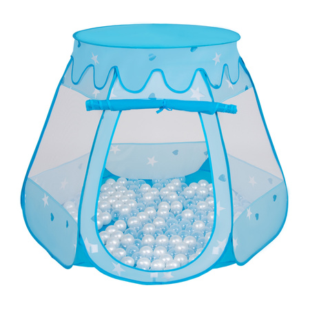 Baby Spielzelt Mit Plastikbällen Für Kinder Leicht und Kompakt ideal für Drinnen Und Draußen Fördert Sensorische Integration Schneller Aufbau, blau:perle-transparent, 200 Bällen