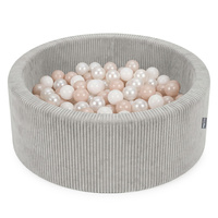 KiddyMoon Bällebad Kinder Schaumstoff rund 90 x 30 cm, Bällepool Baby ab 8 Monaten, strukturierter Rippbezug, stabile 5 cm Wände, Hellgrau: Pastellbeige/Weiß/Perle, 90 x 30 cm 200 Bälle