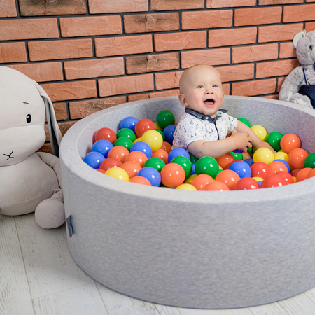 KiddyMoon Bällebad Bällepool mit bunten Bällen ∅ 7Cm  für Babys Kinder Rund, Hellgrau, 90 x 30 cm 300 Bälle
