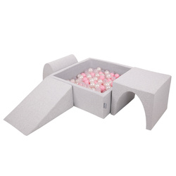 KiddyMoon Spielplatz aus Schaumstoff mit Quadrat Bällebad Bälle Hindernisläufen, hellgrau:puderrosa/perle/transparent, Bällebad (200 Bälle) + Version 2