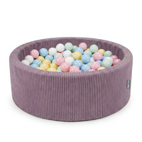 KiddyMoon Bällebad für Kinder aus Schaumstoff, weicher Rippbezug, abnehmbarer Bezug, waschbar, Violett: Pasteblau/Pastegelb/Weiß/Minze/Puderrosa, 90 x 30 cm 200 Bälle