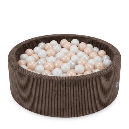 KiddyMoon Bällebad für Kinder aus Schaumstoff, weicher Rippbezug, abnehmbarer Bezug, waschbar, Braun: Pastellbeige/Weiß/Perle, 90 x 30 cm 200 Bälle