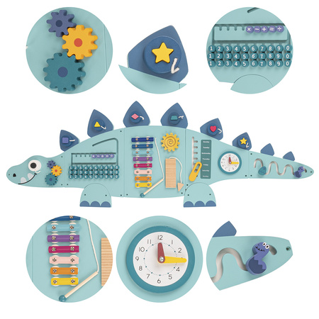 KiddyMoon Busy Board Montessori Motorikbrett Kinder Holz Dinosaurierform Lernspiel, dunkelblau, Einheitsgröße