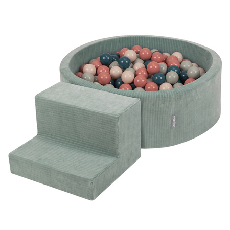 KiddyMoon Spielplatz Aus Schaumstoff Für Kinder mit Bälle Waschbare Bezug, grün: dunkeltürkis/pastellbeige/grüngrau/lachsfarben, Bällebad (100 Bälle) + Stüfchen