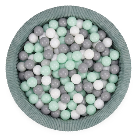 KiddyMoon Bällebad für Kinder aus Schaumstoff, 90 x 30 cm, weicher Rippbezug, abnehmbarer Bezug, weiches und sicheres Spielzeug, waschbar, Grün: Weiß/Grau/Minze, 90 x 30 cm 200 Bälle