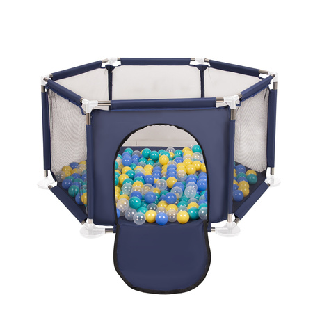 Sechseckiger Laufstall mit Bällen Laufgitter für Kinder, Blau:türkis/blau/gelb/transparent, 200 Bälle
