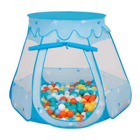 Baby Spielzelt Mit Plastikbällen Für Kinder Leicht und Kompakt ideal für Drinnen Und Draußen Fördert Sensorische Integration Schneller Aufbau, blau:weiß-gelb-orange-babyblau-türkis, 300 Bällen